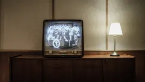 Ein Vintage-Röhrenfernseher in einem gemütlichen Wohnzimmer mit einer klassischen Tischlampe.