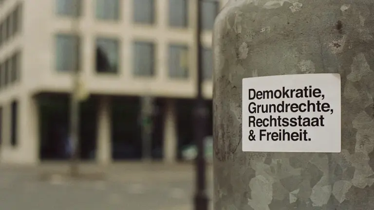 Ein Aufkleber mit der Aufschrift Demokratierechte an einem Mast in Berlin.