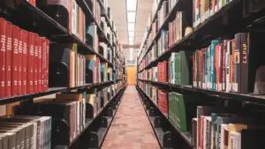 Lange Regalreihen mit vielen Büchern in einer öffentlichen Bibliothek in Deutschland