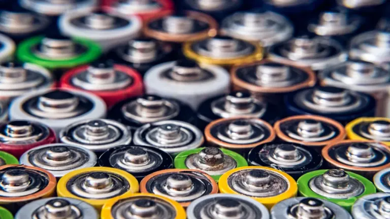Eine Nahaufnahme verschiedenfarbiger, ausgedienter Batterien, die auf ihre Entsorgung warten.