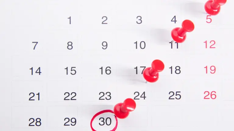 Ein weißer Wandkalender mit roten Pinnnadeln markiert wichtige Termine und Feiertage.