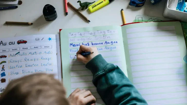 Ein Grundschüler beim Schreiben in einem Heft zur Vorbereitung auf den Schulanfang.