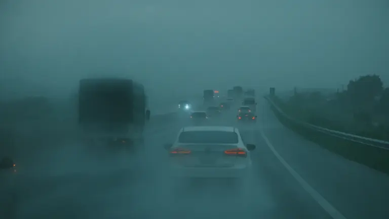 Autos fahren bei dichtem Nebel und schlechter Sicht auf einer nassen Autobahn.