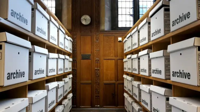 Weißes Archiv mit nummerierten Aktenboxen in Holzregalen für die historische Pflegeforschung in Wiesbaden.