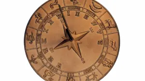 Eine kunstvolle, bronzene Sonnenuhr mit den zwölf Sternzeichen als Symbol für astrologische Vorhersagen.