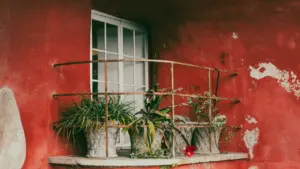 Pflanzen in Töpfen auf einem herbstlichen Balkon vor einer verwitterten roten Ziegelmauer