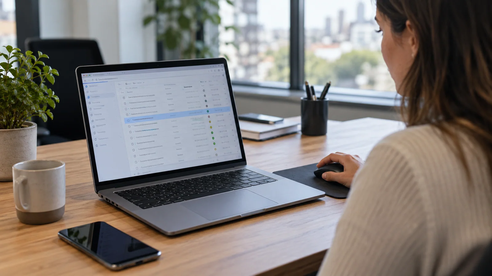 Illustration: Eine Person prüft einen betrieblichen Sonderfall mit Laptop und Telefon.