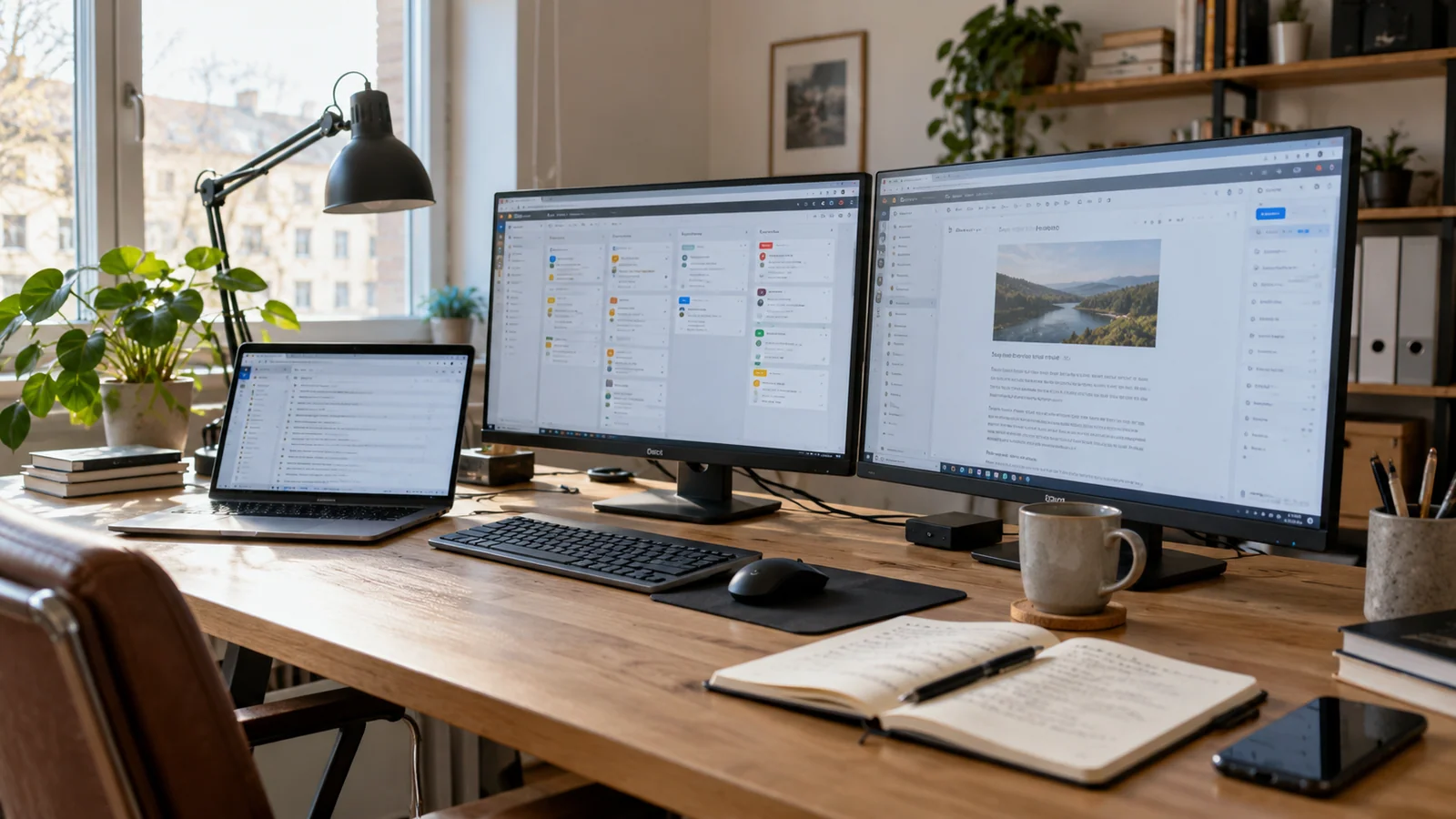 Illustration: Ein Arbeitsplatz mit getrennten Programmfenstern für verschiedene Unternehmensprojekte.